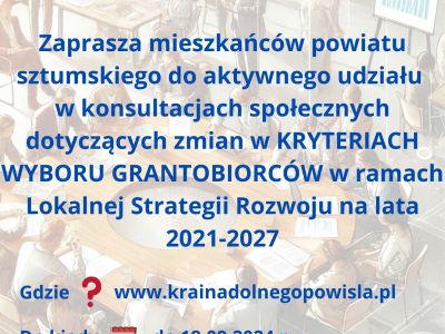 Zaproszenie do konsultacji społecznych od Stowarzyszenia LGD „Kraina Dolnego Powiśla”